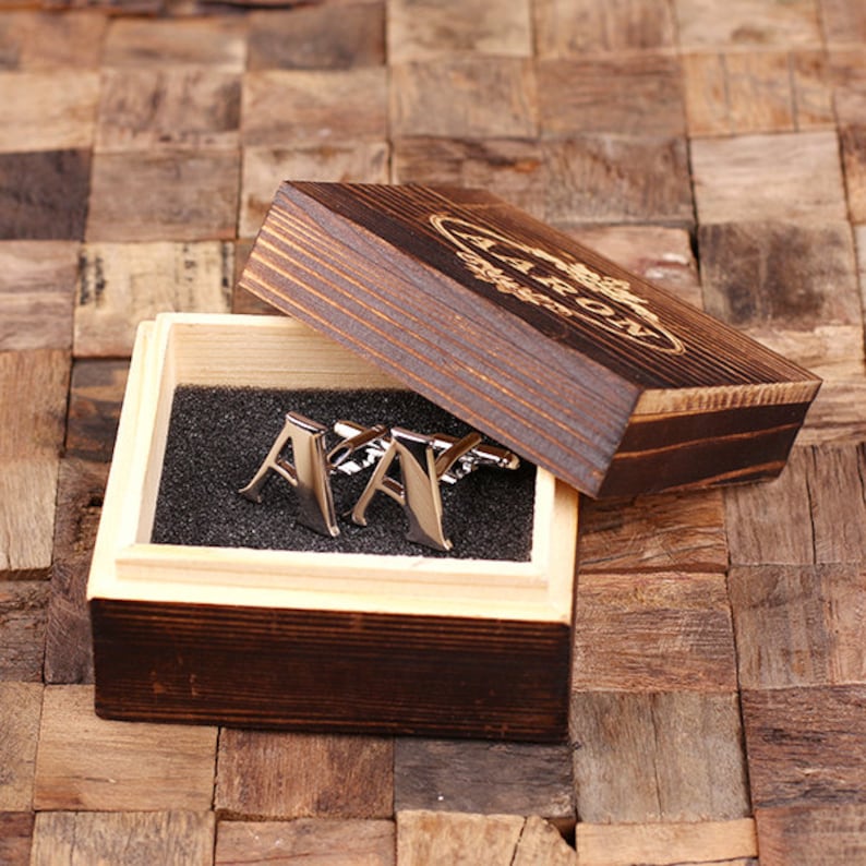 Initial A Personalized Men/'s Classic Cuff Link with Wood Box Monogrammed Engraved Groomsmen Best Man Father/'s Day Gift