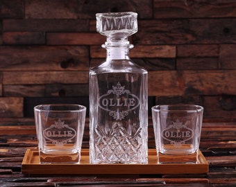 Wood Tray with Decanter and Whiskey Rocks Glasses