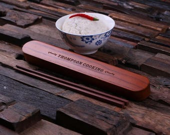 Customized Monogrammed Wooden Chopstick Holder with 1 Pair of Chopsticks Personalized Engraved Wedding Gift (024293)