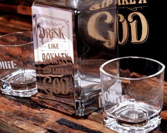 Silver or Gold Engraved Decanter Glasses Whiskey Set Gift for Silver Anniversary Gift or Gold Anniversary Gift