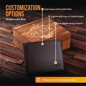 May include: A brown leather wallet with a monogrammed inscription "RHE" on the front. The wallet is displayed in a wooden box with a personalized engraved message. The image includes customization options for engraving on all available sides, including logos or custom graphics. Free graphic design support is also offered.