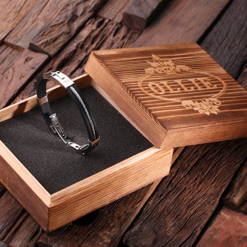 Personalized Boy's Wrist Bracelet Jewelry with Cross Christian Religious Motif in Black with Wood Gift Box Boy Friend, Military, Preacher 