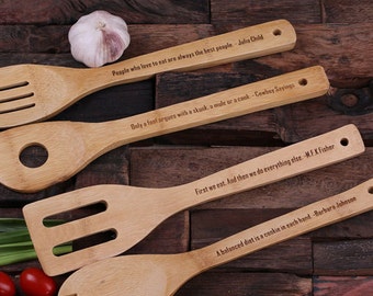 4pc Personalized Bamboo Kitchen Spoons with Quotes, Sayings Unique Engraved Gift (024271)