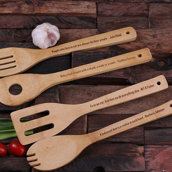 4pc Personalized Bamboo Kitchen Spoons with Quotes, Sayings Unique Engraved Gift (024271)