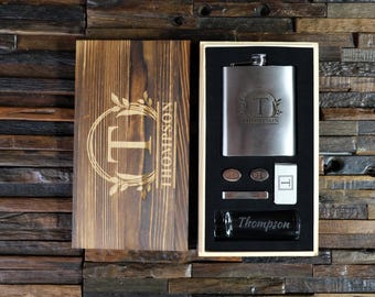 Flask, Shot Glass, Cufflinks, Tie Clip, Money Clip Gift Set - Custom Wood Box - For Father's Day, Over 21 Men's Gift, Valentine or Christmas