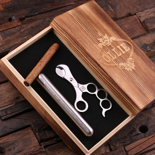 Personalized Stainless Steel Cigar Holder Case with Cutters Father's Day, Groomsmen Gift