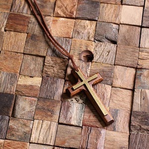 Personalized Wood Cross with Brass Cross Accents Religious Cross Necklace Birthday Christian Gift