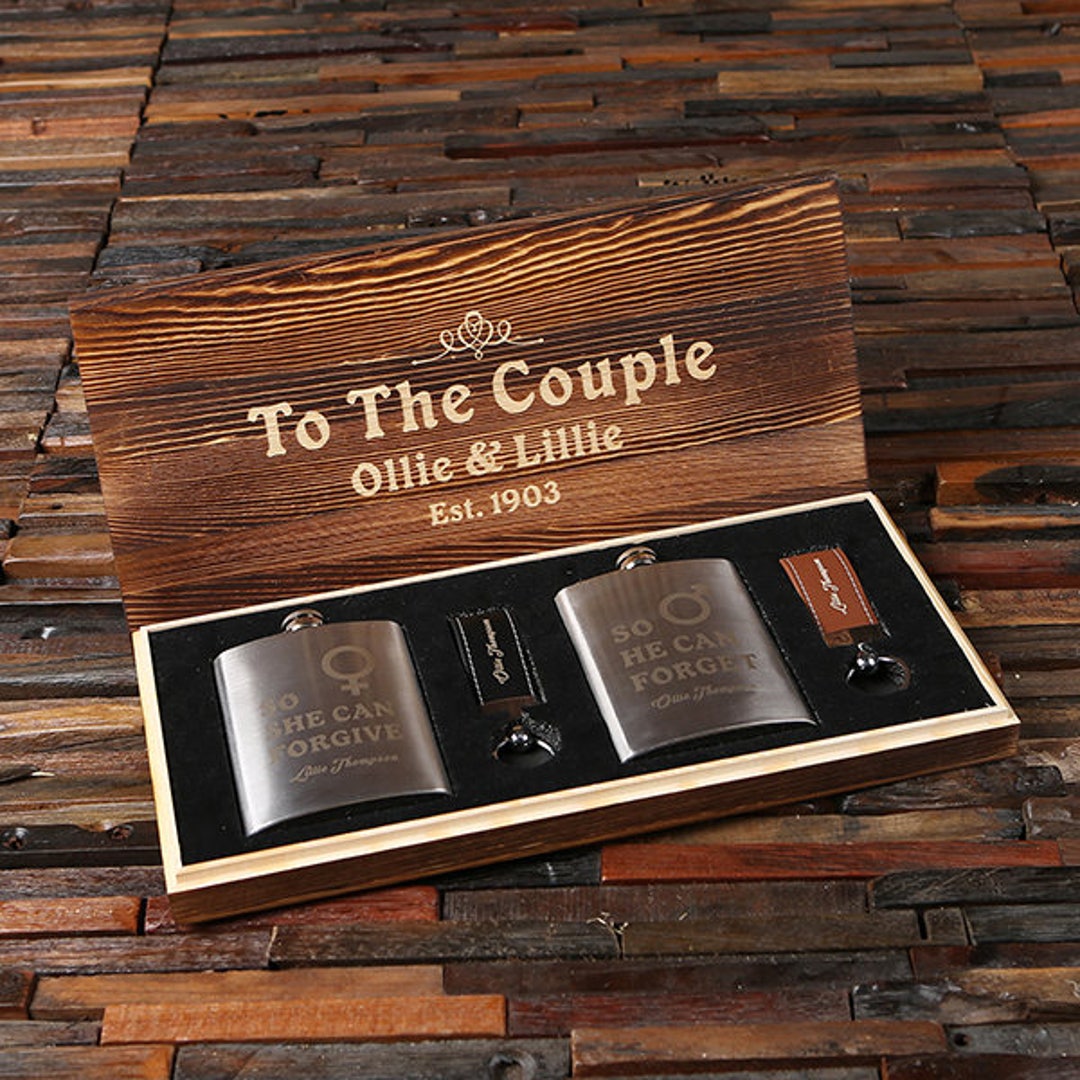 Personalized Couple His and Her Engraved Whiskey Hip Flask Set With Leather Key Chains Valentine ...