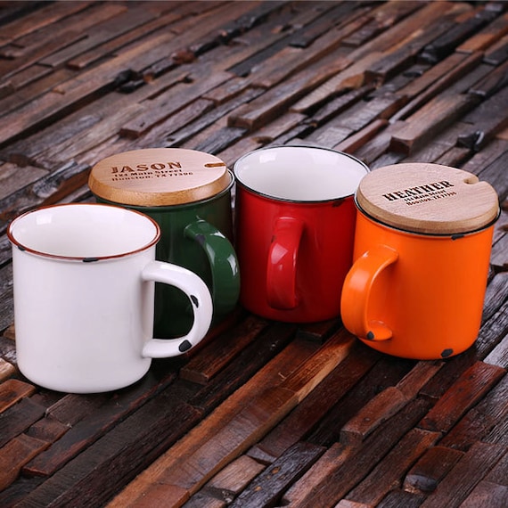 11 Oz. Personalized Enamel, Ceramic Porcelain Coffee Cup Mug With Engraved  Bamboo Lid 