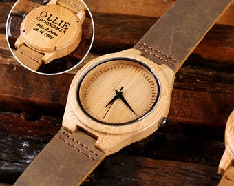 Engraved Wood Watch Personalized Custom Bamboo Leather Straps Gift for Men, Dad, Father's Day Groomsmen Watch