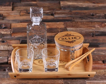 Whiskey Decanter Set with Ice Bucket Tongs Whiskey Glasses and Wood Tray