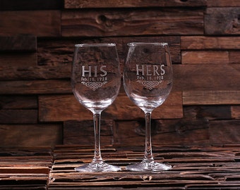 Personalized His and Hers Mr. and Mrs. Wine Glass With Wood Gift Box Wedding Gift (024944)