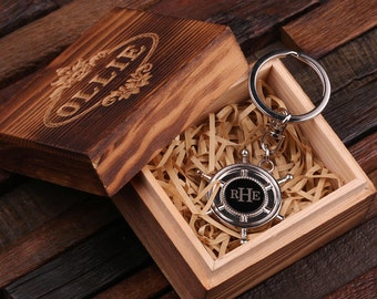 Personalized Monogrammed Ship Wheel Key Chain Men, Boyfriend, Birthday Father's Day Gift Idea with Wood Gift Box