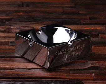 Personalized Stainless Steel Polished  Cigarette Ashtray with Option Wood Gift Box Men's Christmas, Groomsmen Holiday Birthday Smokers