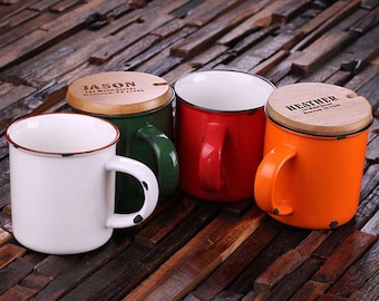 11 oz. Personalized Enamel, Ceramic Porcelain Coffee Cup Mug with Engraved Bamboo Lid