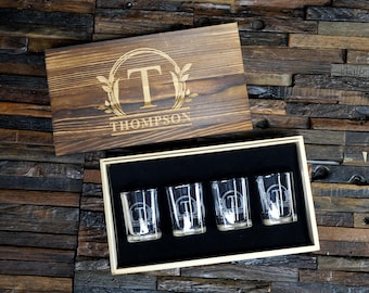 Personalized Shot Glass Gift Set for Men - Engraved Cherrywood Box - Father's Day, Birthday, Christmas, Valentine, Bartender Gift for Him