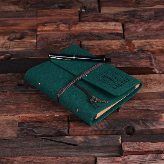Monogrammed Personalized Hunter Green Felt Engraved Notebook Diary, Journal, Sketchbook , Bridesmaid Holiday Christmas Customized Gift