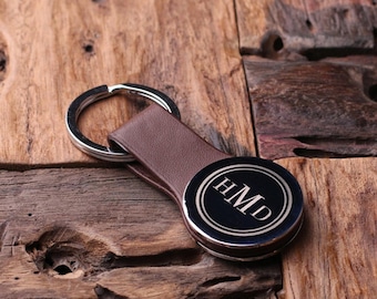 Personalized Round Leather Key Chain Monogrammed Groomsmen, Bridesmaid, Father's Day, Coworker Gift