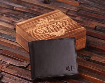 Cartera plegable de cuero genuino para hombre, personalizada, con monograma grabado y caja de regalo de madera opcional. Ideal para padrinos de boda, padrinos de boda y el Día del Padre.