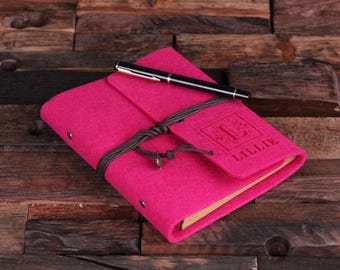 Monogrammed Personalized Pink Fuchsia Felt Engraved Notebook, Journal, Sketchbook , Bridesmaid Holiday Christmas Customized Gift