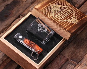 Personalized Wood Engraved Monogrammed Pocket Knife, Shot Glass with Gift Box Groomsmen, Father's Day Gift For Men (024911)