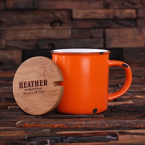 11 oz. Personalized Orange Enamel, Ceramic Porcelain Coffee Cup Mug with Engraved Bamboo Lid