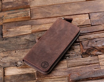 Cartera larga personalizada con monograma grabado, cierre de cremallera de cuero con caja de regalo de madera, billetera para teléfono celular