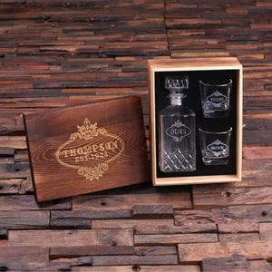 Whiskey Decanter Bottle with Wood Box and Glass Options