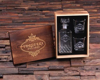 Whiskey Decanter Bottle with Wood Box and Glass Options