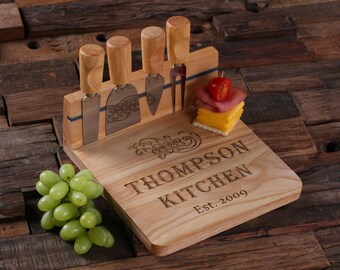 Personalized Wood Cutting Bread Cheese Serving Tray Board with Tools (025210)