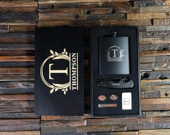 Groomsmen Gift Set - Flask, Knife & Accessories - Personalized Wood Box - Best Man, Birthday, Dad, Boyfriend, Father's Day, Golf for Him
