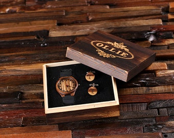 Wood Watch and Cuff Links Personalized with Wood Box, Groomsmen Gift, Best Man, Father's Day, Valentines Day  Men's Graduation Gift