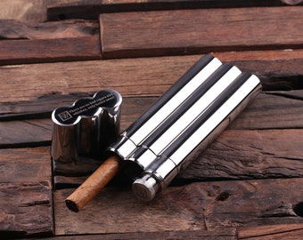 Personalized Stainless Steel Cigar Holder Case with Whiskey Flask Father's Day, Groomsmen Gift