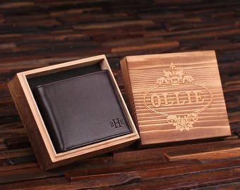 Portefeuille pour homme à deux volets en cuir véritable gravé du monogramme personnalisé avec boîte-cadeau en bois en option Garçons d'honneur, témoin, cadeau de fête des pères