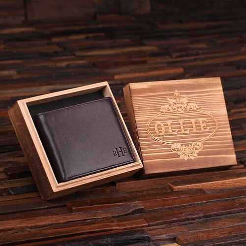 Personalized Monogrammed Engraved Genuine Leather Bifold Mens Wallet with Optional Wood Gift Box Groomsmen, Best Man, Father's Day Gift