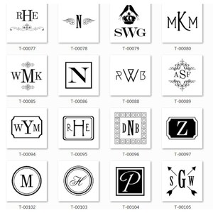 May include: A grid of 15 black and white monogram designs. Each design features a different combination of letters and decorative elements. The designs are arranged in a grid with a white background. The text below each design includes the letters and the product code.