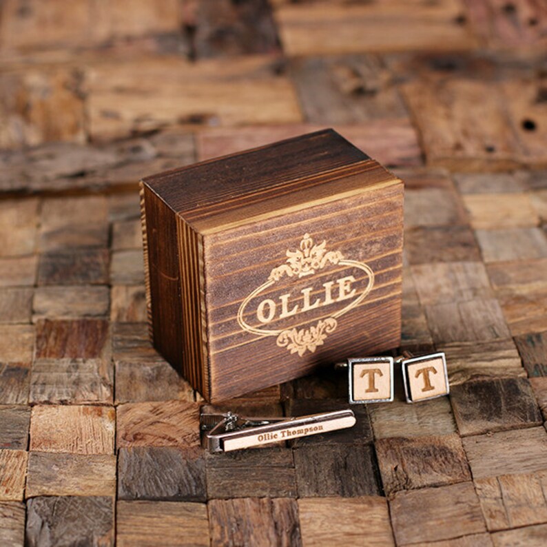 Best Man Father/'s Day Gift Personalized Men/'s Classic Round Wood Cuff Link and Wood Tie Clip Monogrammed Engraved Groomsmen