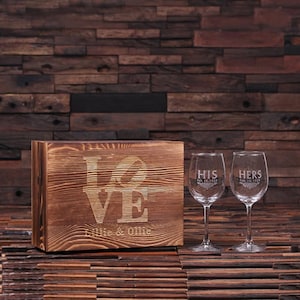 Personalized His and Hers Mr. and Mrs. Wine Glass With Wood Gift Box Wedding Gift