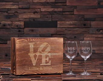 Personalized His and Hers Mr. and Mrs. Wine Glass With Wood Gift Box Wedding Gift
