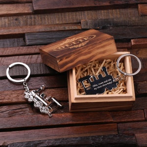 Personalized Monogrammed Train Conductor Engine Key Chain Men, Boyfriend, Birthday Father's Day Gift Idea with Wood Gift Box