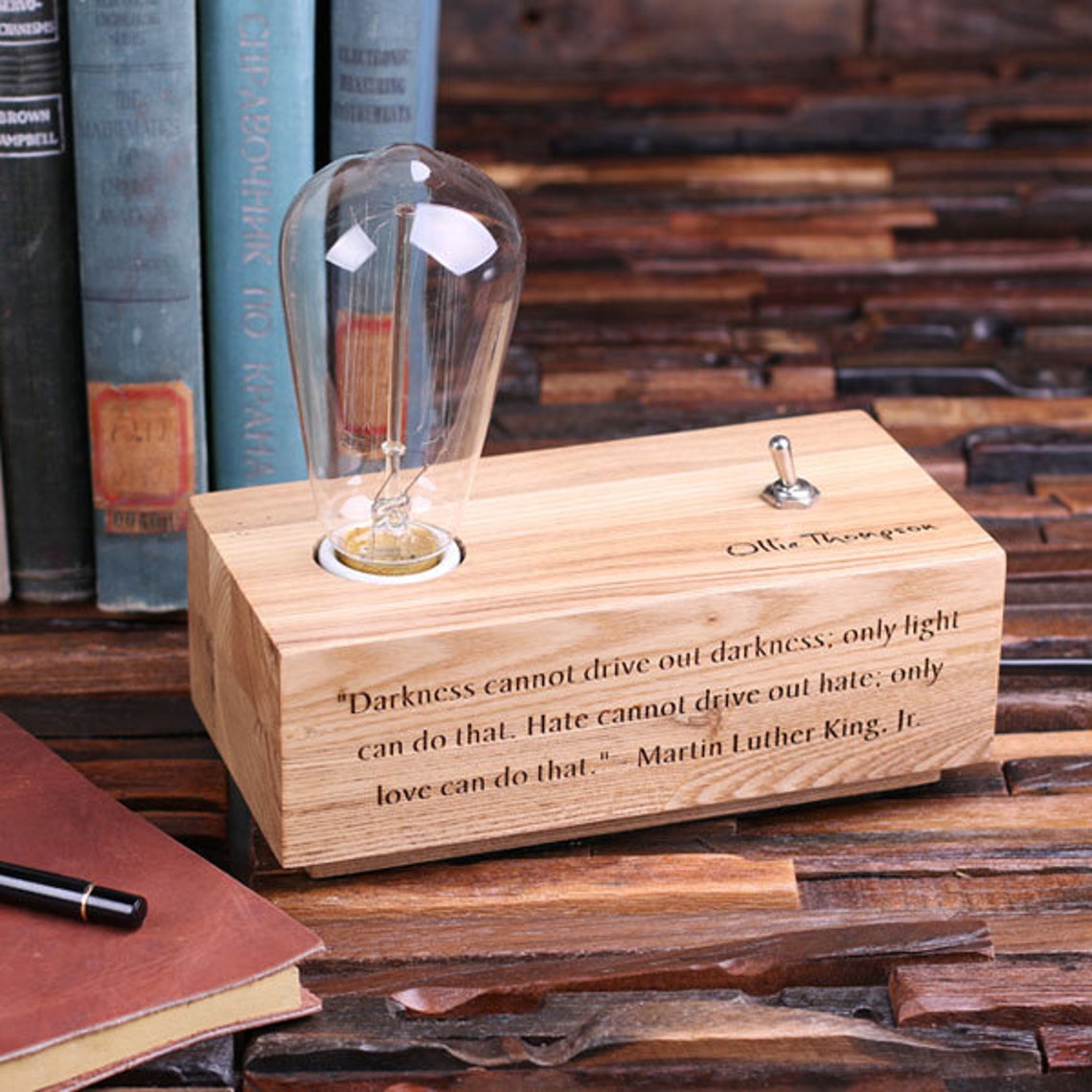 Edison Lamp Engraved Personalized Custom Handmade Wood Desk Etsy