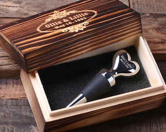 Personalized Wine Heart Shape Stainless Steel Wine Stopper with Wood Gift Box Wedding Couple Gift (025318)