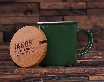 11 oz. Personalized Green Enamel, Ceramic Porcelain Coffee Cup Mug with Engraved Bamboo Lid