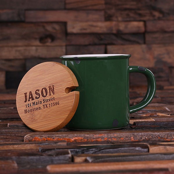 11 oz. Personalized Green Enamel, Ceramic Porcelain Coffee Cup Mug with Engraved Bamboo Lid