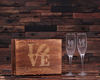 Personalized His and Hers Mr. and Mrs. Champagne Glass With Wood Gift Box Wedding Toast Gift