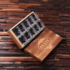 Personalized Shot Glasses (10) with Wood Box Groomsmen, Best Man, Man Cave Gift Barware (024968)