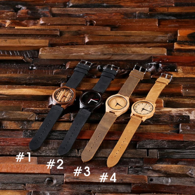 Engraved Wood Watch Personalized Custom Bamboo Leather Straps Gift for Men, Dad, Father's Day Groomsmen Watch image 3