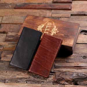 Cartera larga de dos pliegues con diseño de pecho, personalizada, de cuero grabado con monograma y caja de regalo de madera, billetera para hombre o mujer, funda para chequera imagen 5