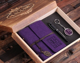 4pc Women's Gift Set Personalized Felt Journal, Monogrammed Key Chain, Pen and Wood Box (024952) Sample In Deep Purple