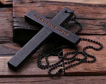 Black Personalized Engraved Wooden Religious Cross Necklace Birthday Christian Gift